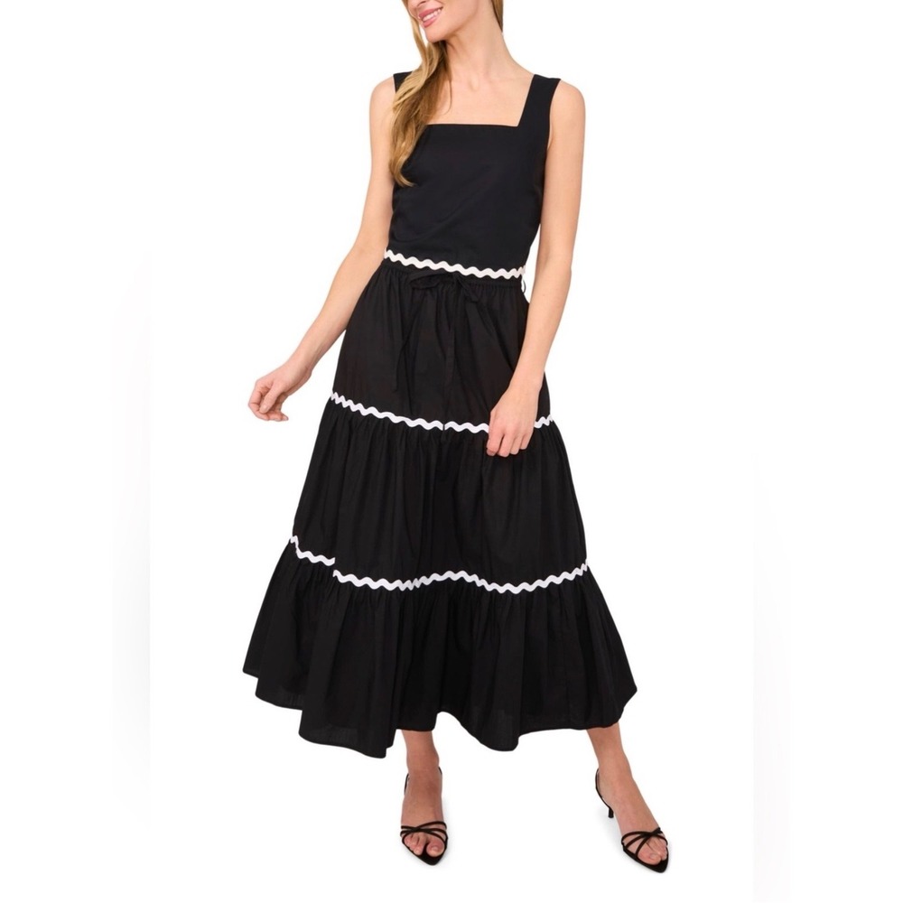 CeCe Rickrack Trim Cotton Crop Top & Tiered Maxi Skirt Set Black White XS
